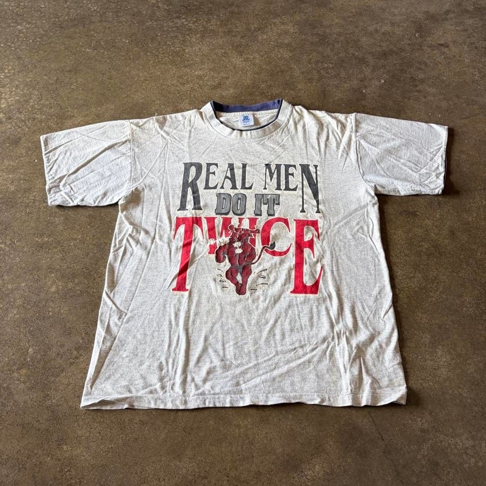 Vintage 90s Belton Real Men Do It Twice Ringer T-Shirt Gray Large Made in USA